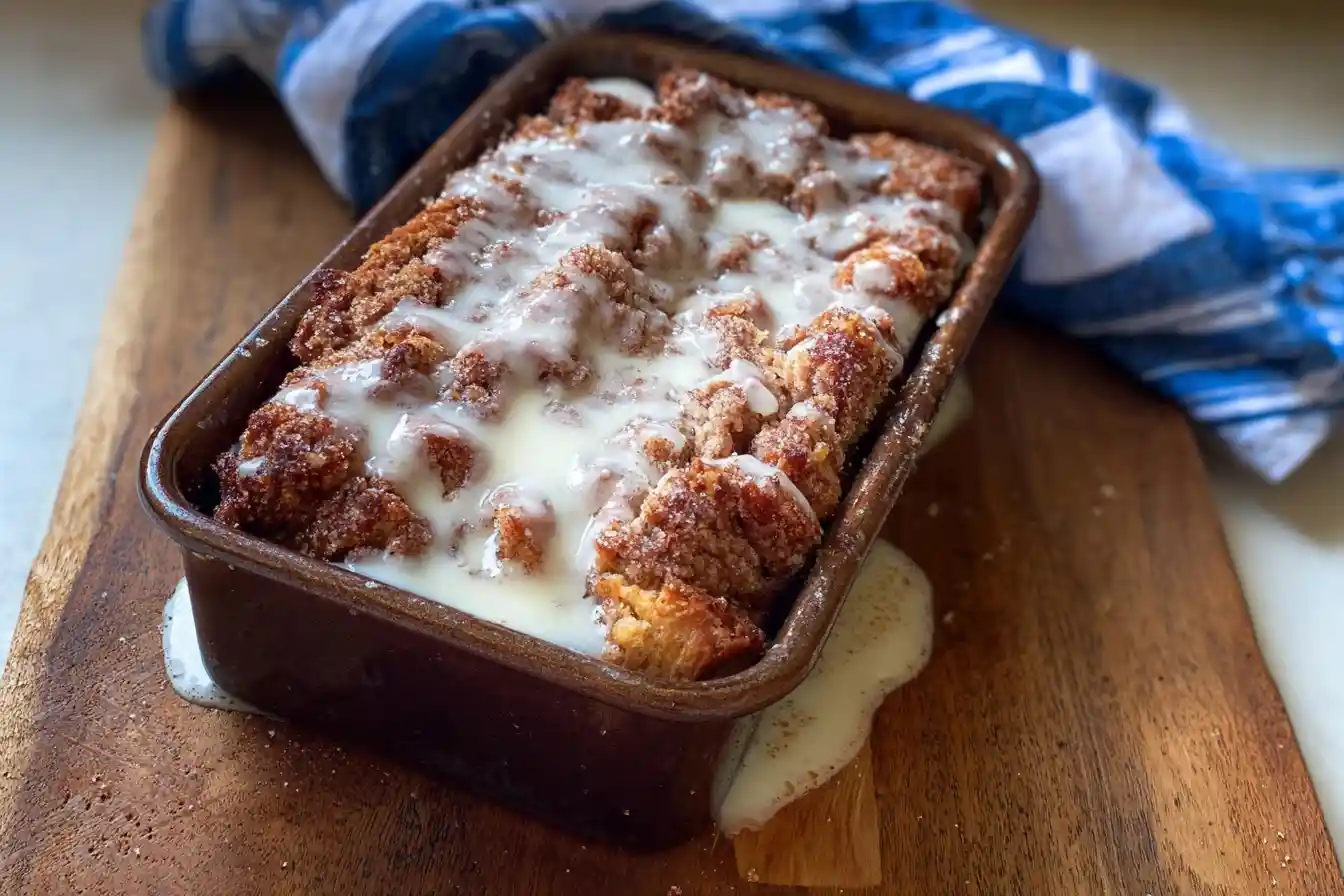 A freshly baked French toast casserole in a brown loaf pan, drizzled with a generous amount of creamy white glaze.