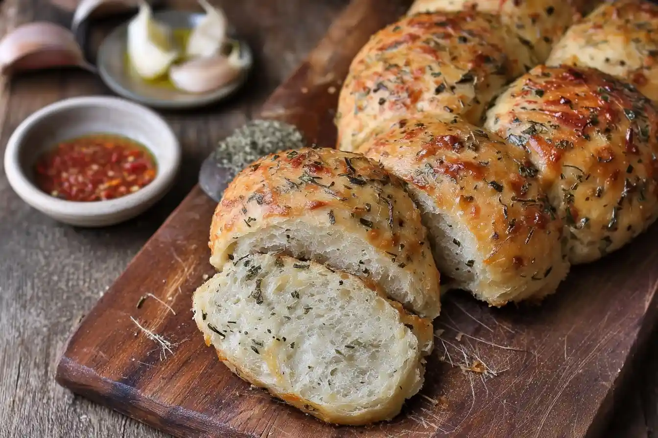 A loaf of freshly baked pull-apart {{ $('Fetch Recipe Data').first().json["Main Keyword"] }} on a wooden board, with one slice cut to show the soft inside.