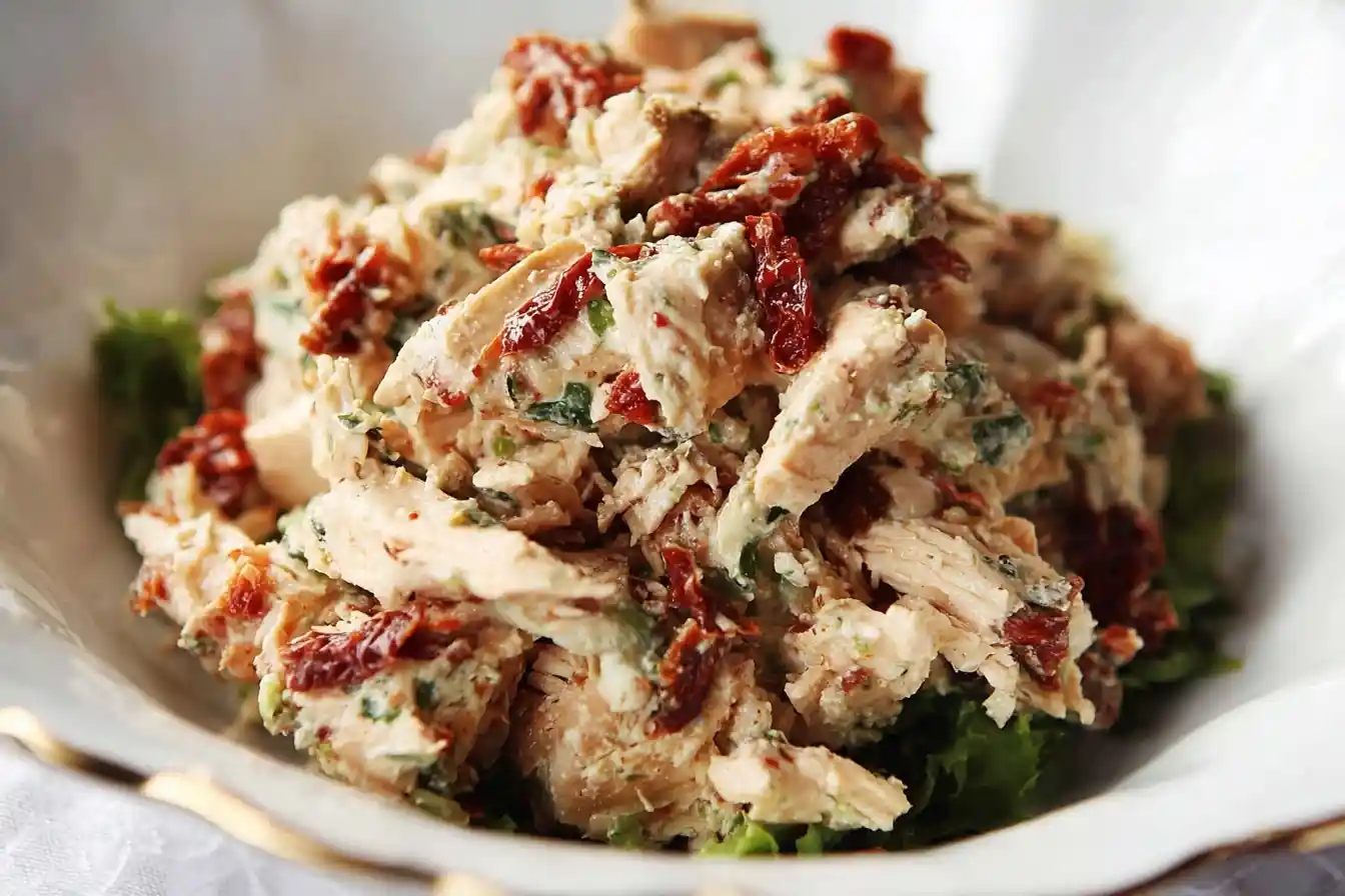 A close-up of a creamy sun dried tomato chicken salad with fresh herbs, served in a white bowl on a bed of lettuce.