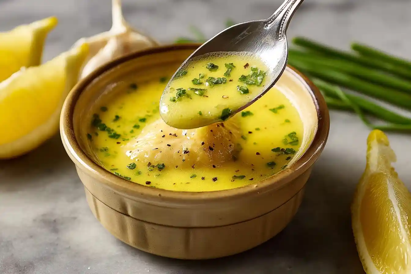 A spoonful of rich lemon garlic butter sauce being lifted from a small bowl, with fresh lemons and garlic in the background.