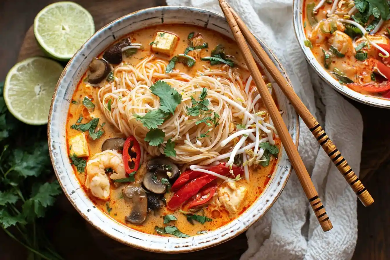 An overhead shot of a delicious bowl of Tom Yum Soup with noodles, shrimp, mushrooms, tofu, and a pair of chopsticks.