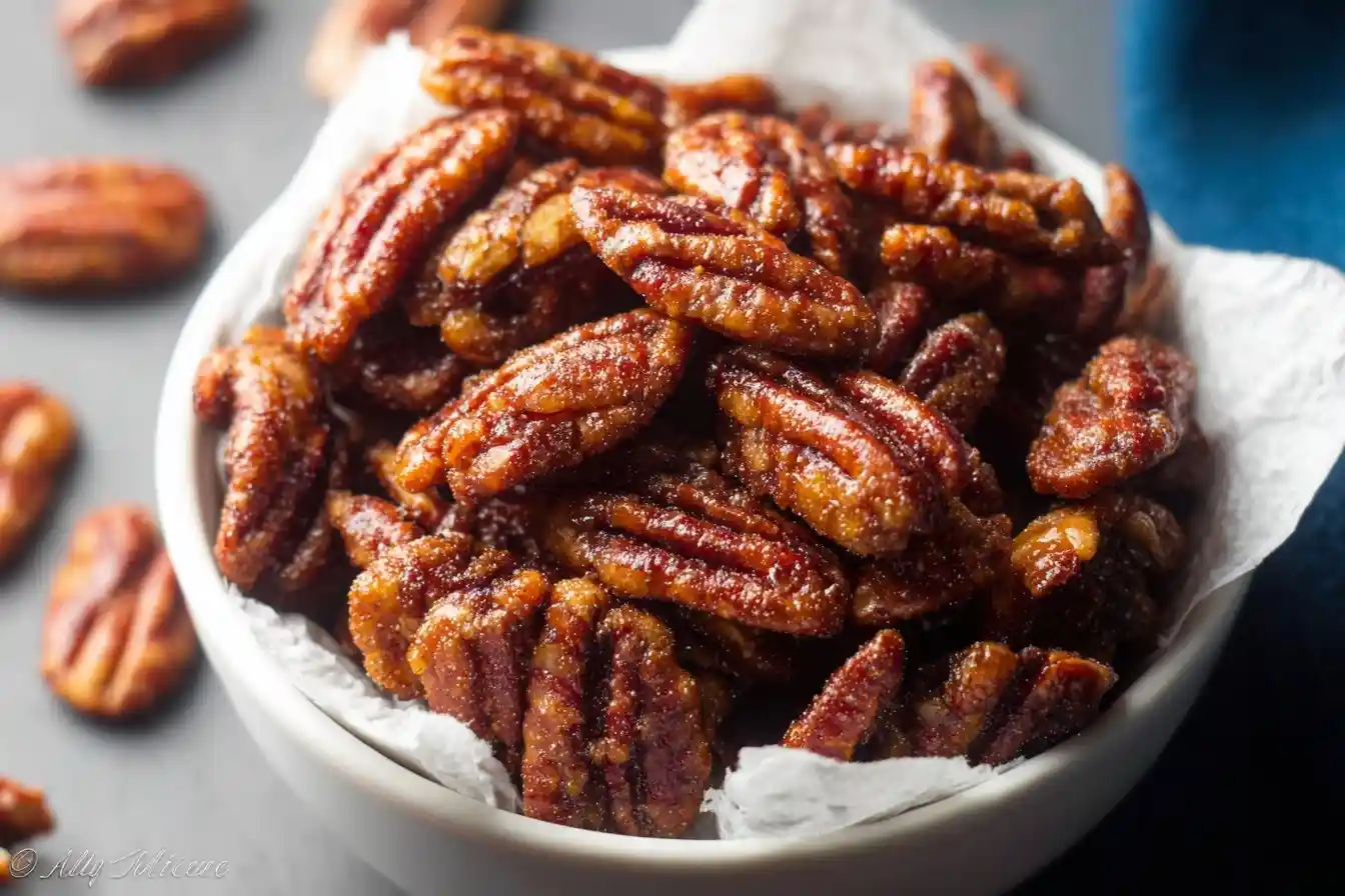 A white bowl lined with paper, filled with glistening, sweet and crunchy homemade candied pecans, with a few scattered in the background.