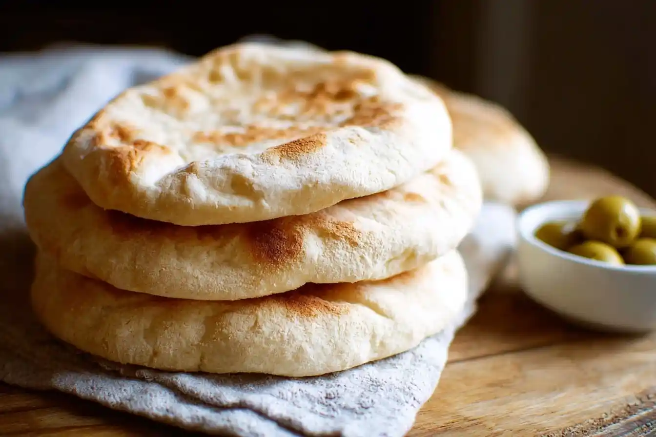 A close-up shot of a stack of freshly baked Pita Bread resting on a cloth, with a bowl of green olives in the background.