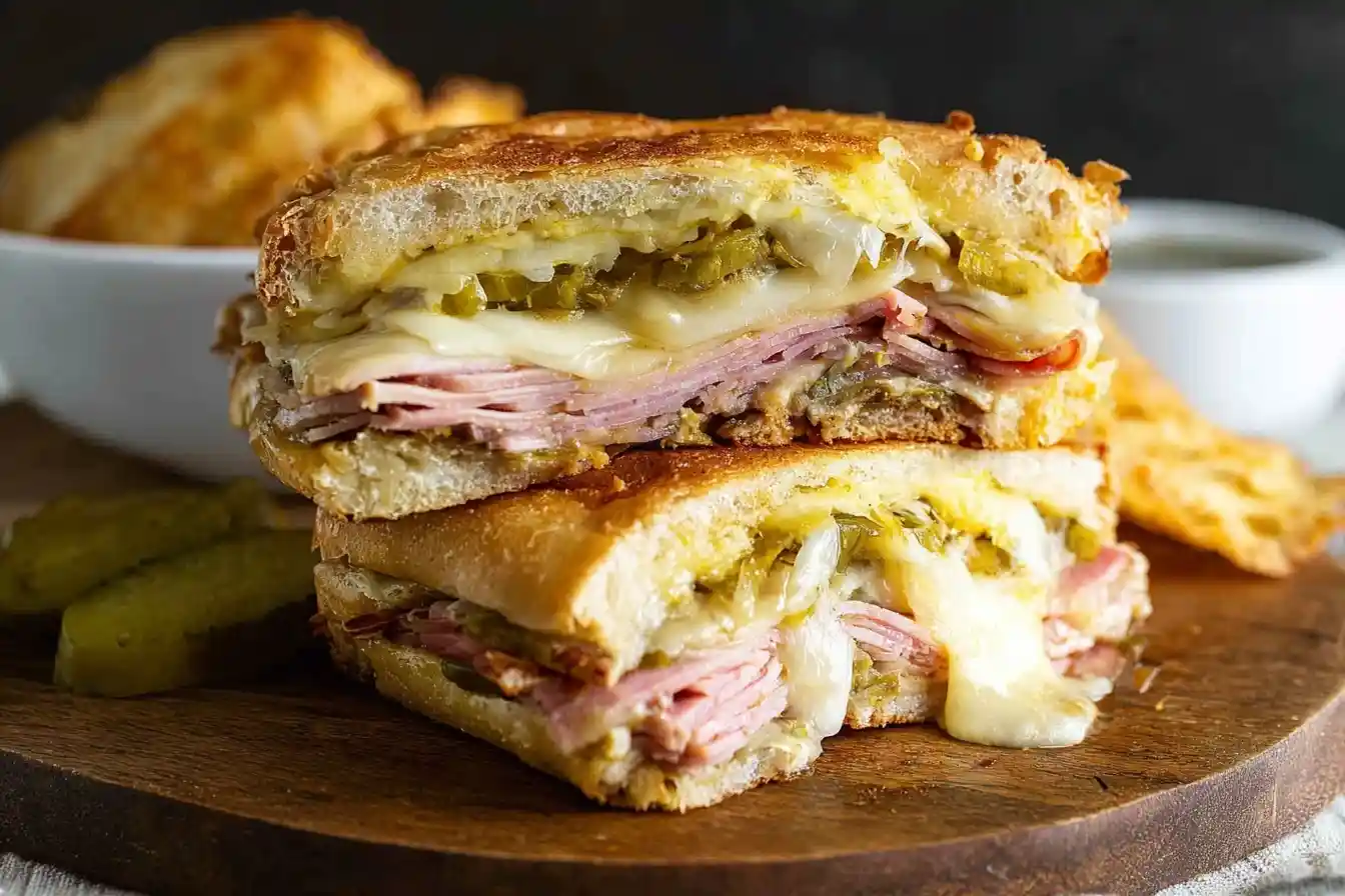 A delicious Cuban Sandwich cut in half and stacked, showing layers of ham, melted cheese, and pickles on grilled bread.