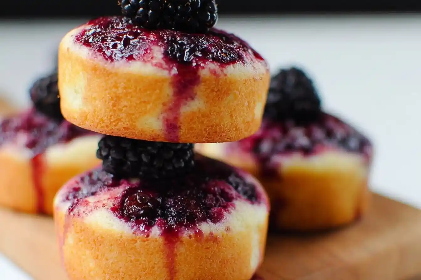 A close-up shot of two delicious Blackberry Financiers stacked on top of each other with fresh blackberries.