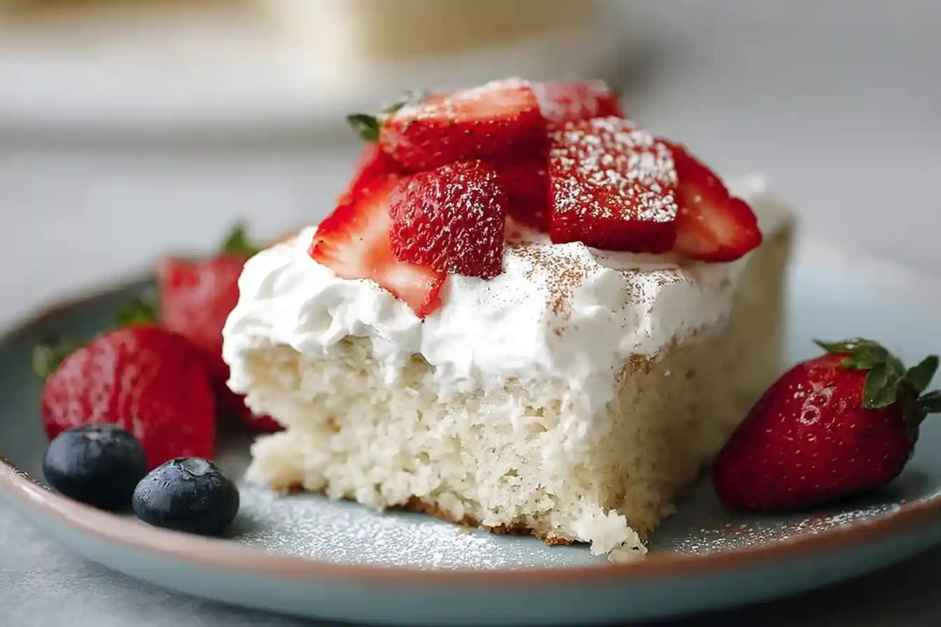 A slice of authentic Tres Leches Cake on a blue plate, topped with whipped cream, fresh strawberries, and a dusting of cinnamon.