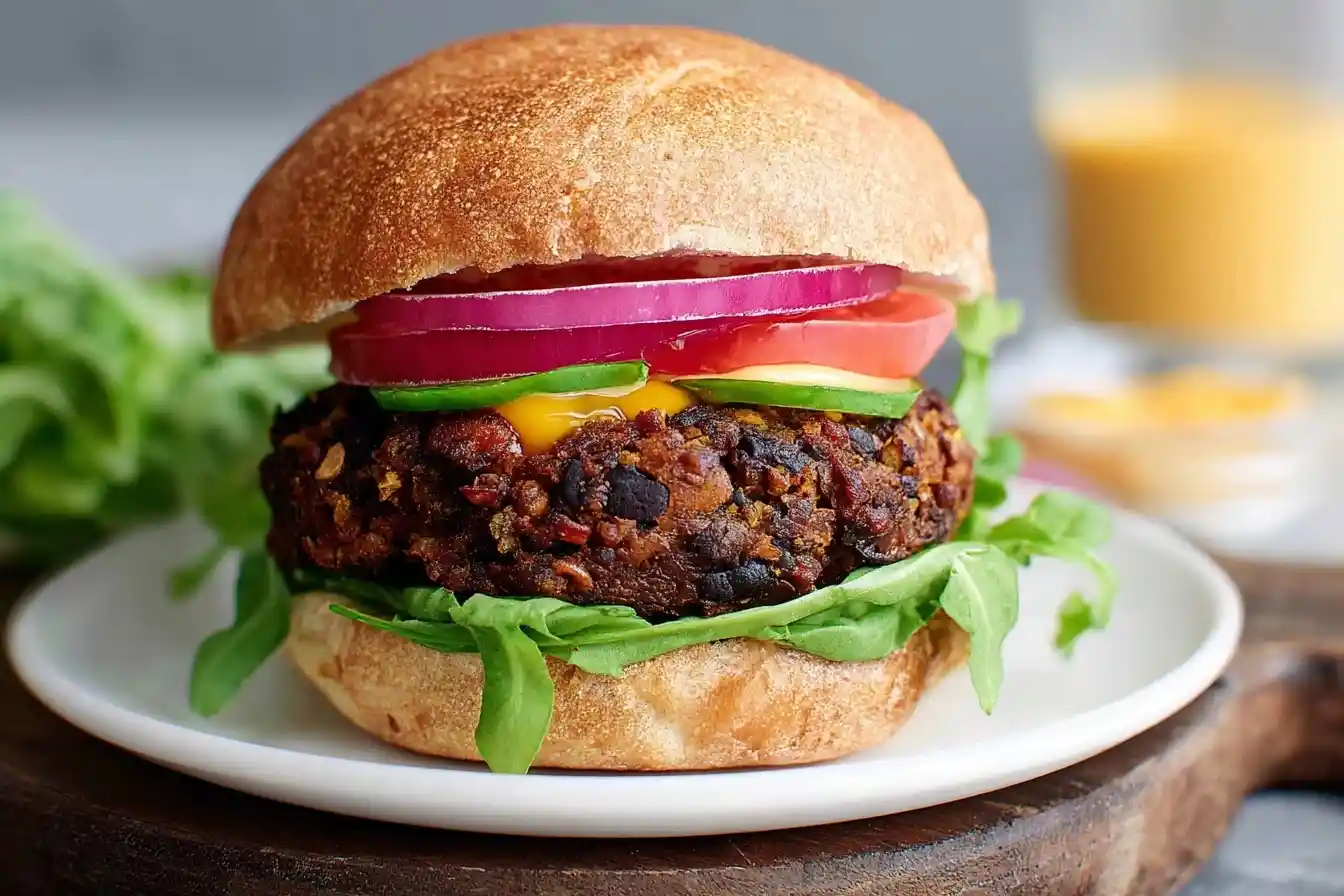 A close-up of a delicious {{ $('Fetch Recipe Data').first().json["Main Keyword"] }} on a bun with arugula, cheese, tomato, cucumber, and red onion.