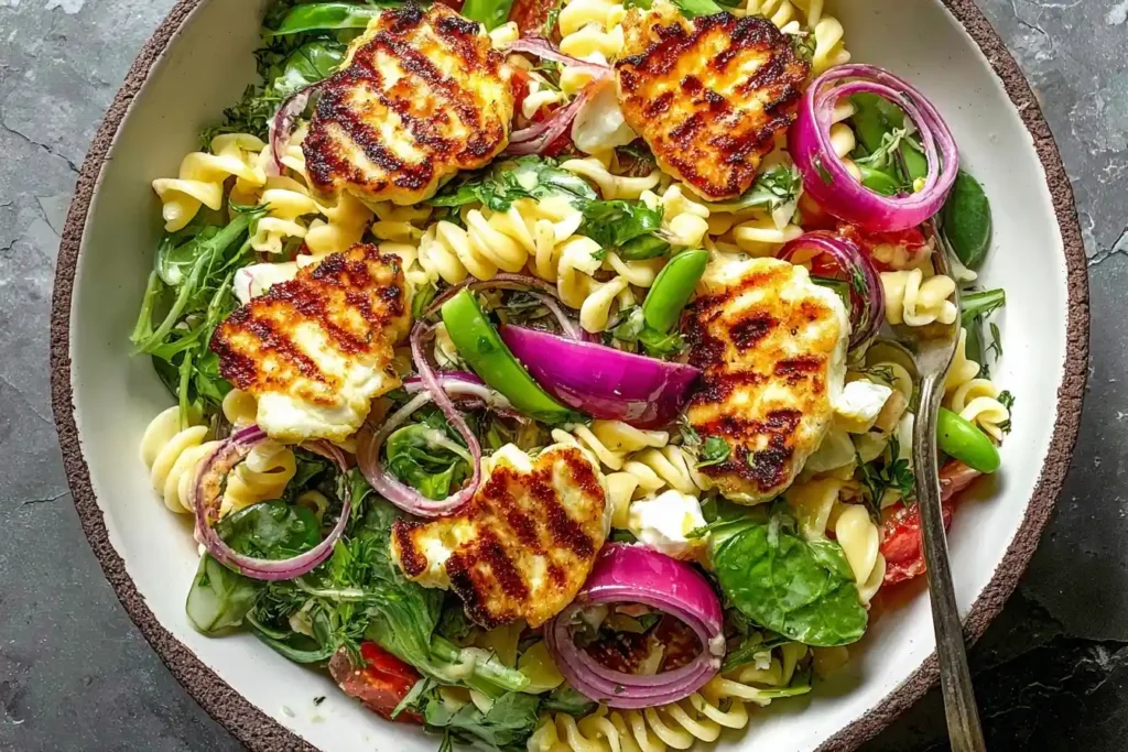 A close-up of a vibrant Halloumi Pasta Salad with fusilli, grilled cheese, red onions, and fresh greens in a ceramic bowl.