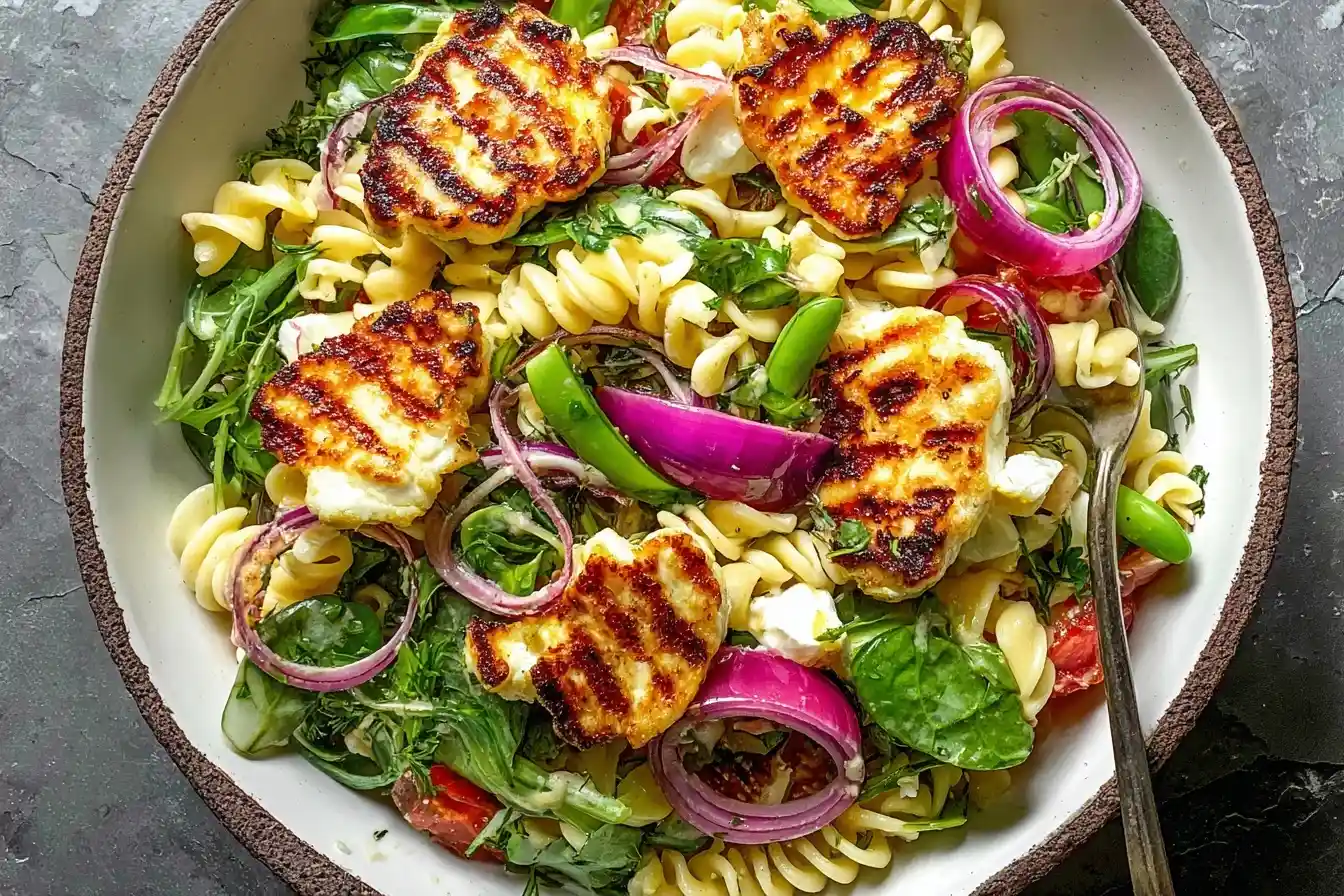 A close-up of a vibrant Halloumi Pasta Salad with fusilli, grilled cheese, red onions, and fresh greens in a ceramic bowl.