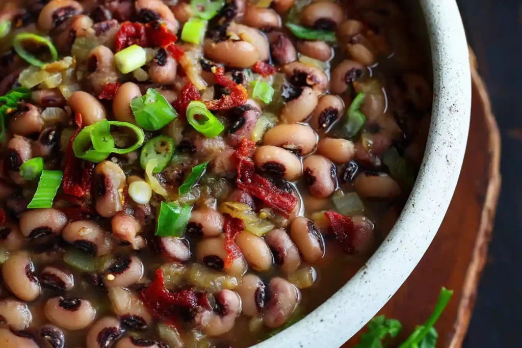 A close-up of a savory black eyed peas recipe in a stoneware bowl, topped with sliced green onions and sun-dried tomatoes.