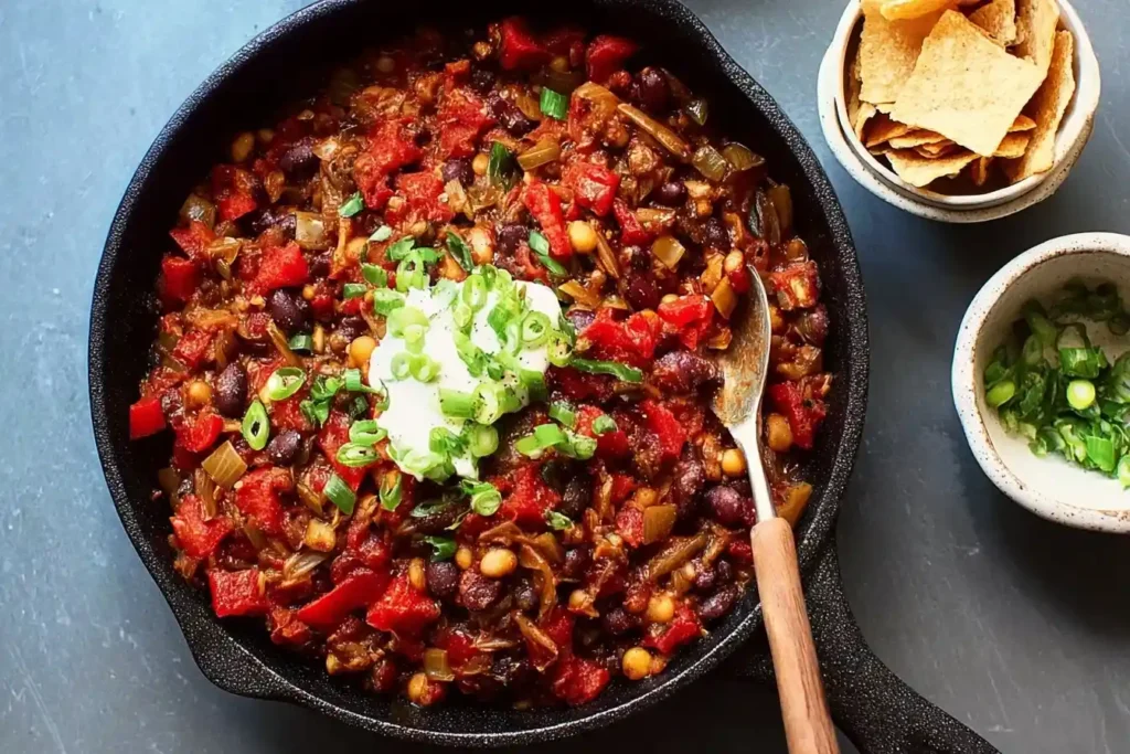 A cast-iron skillet filled with hearty vegetarian chili, topped with sour cream and green onions, with a side of tortilla chips.