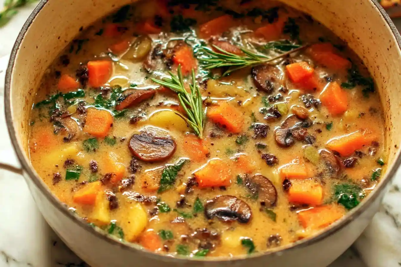 A close-up of a pot of creamy mushroom stew, filled with chunks of carrots, potatoes, sliced mushrooms, and herbs.