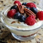 Glass bowl filled with creamy Keto Cheesecake Fluff topped with raspberries, blueberries, and pecans.