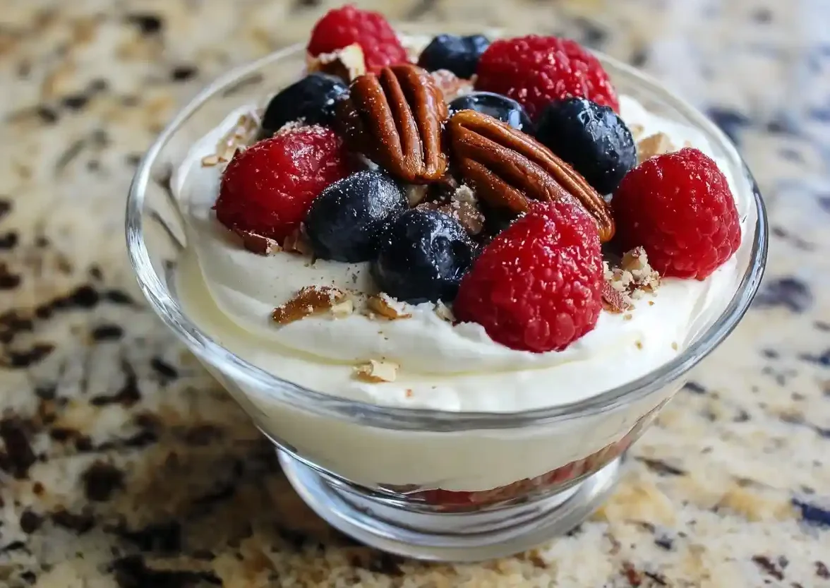 Glass bowl filled with creamy Keto Cheesecake Fluff topped with raspberries, blueberries, and pecans.