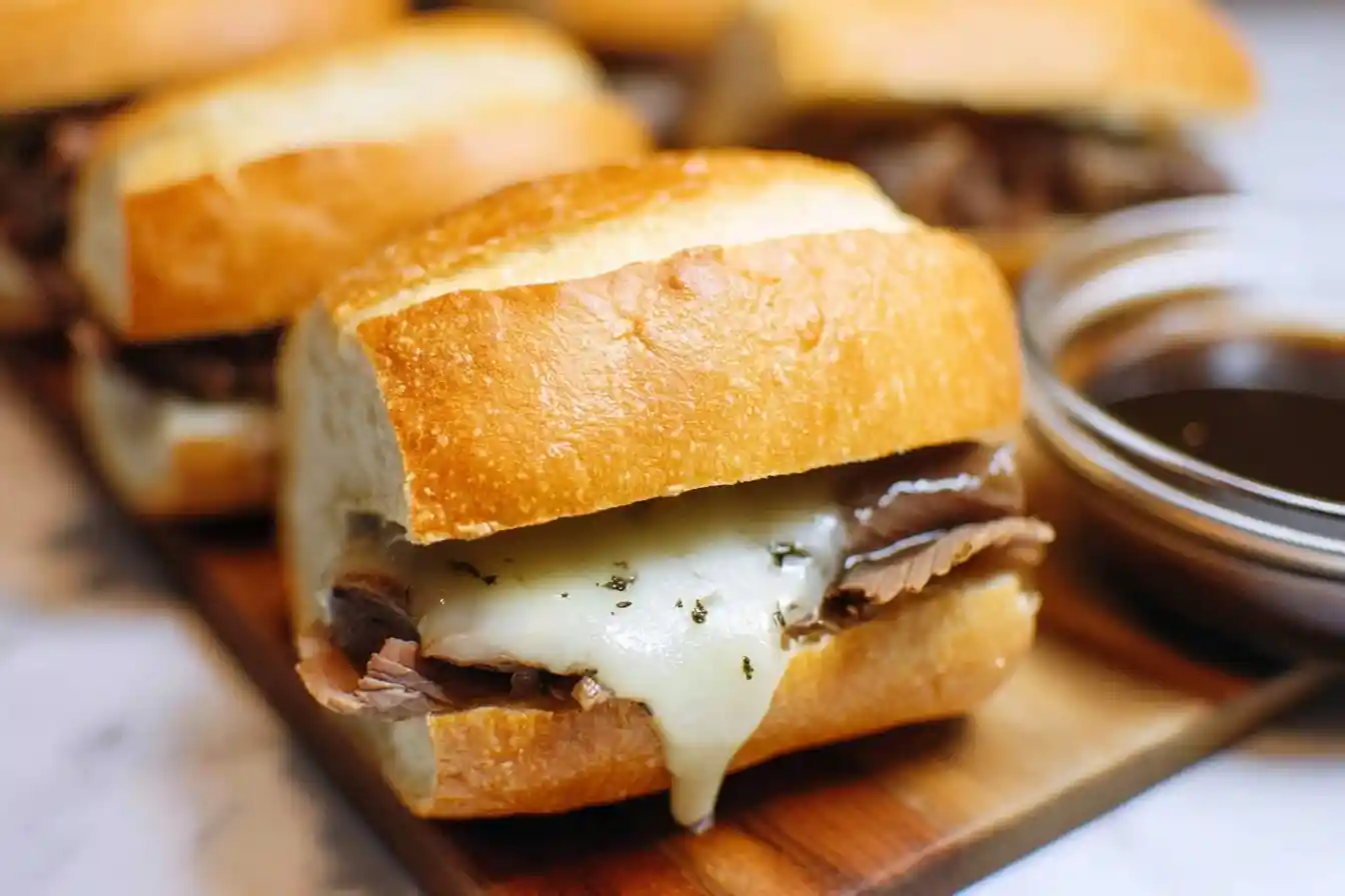 Close-up of cheesy French Dip Sliders with roast beef and melted provolone served with au jus dipping sauce.