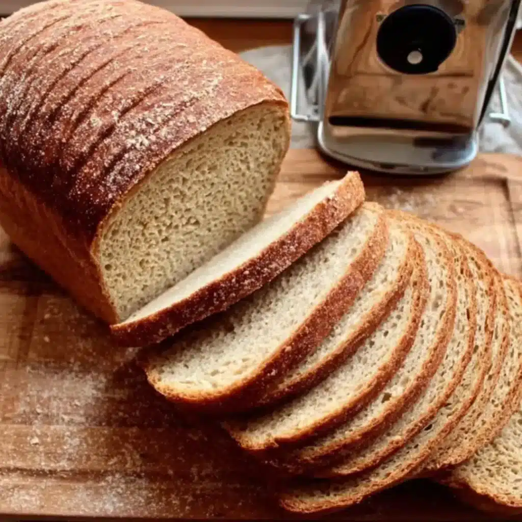 Sliced loaf of soft Milk Sandwich Bread on a wooden cutting board with a jar of milk in the background.