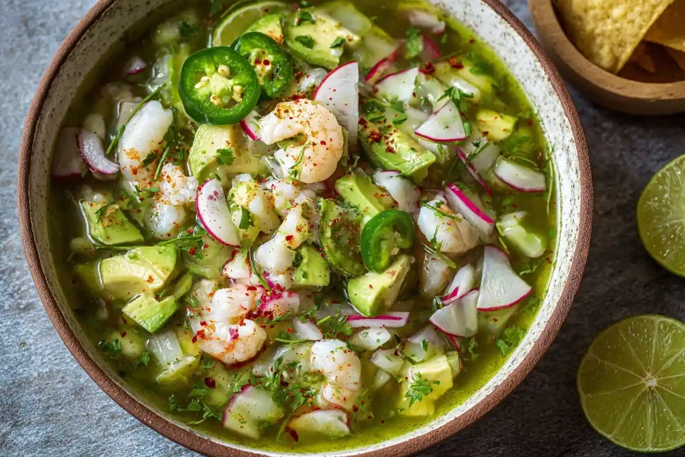 Overhead view of spicy Shrimp Aguachile with avocado, radish, and jalapeño in a green lime broth