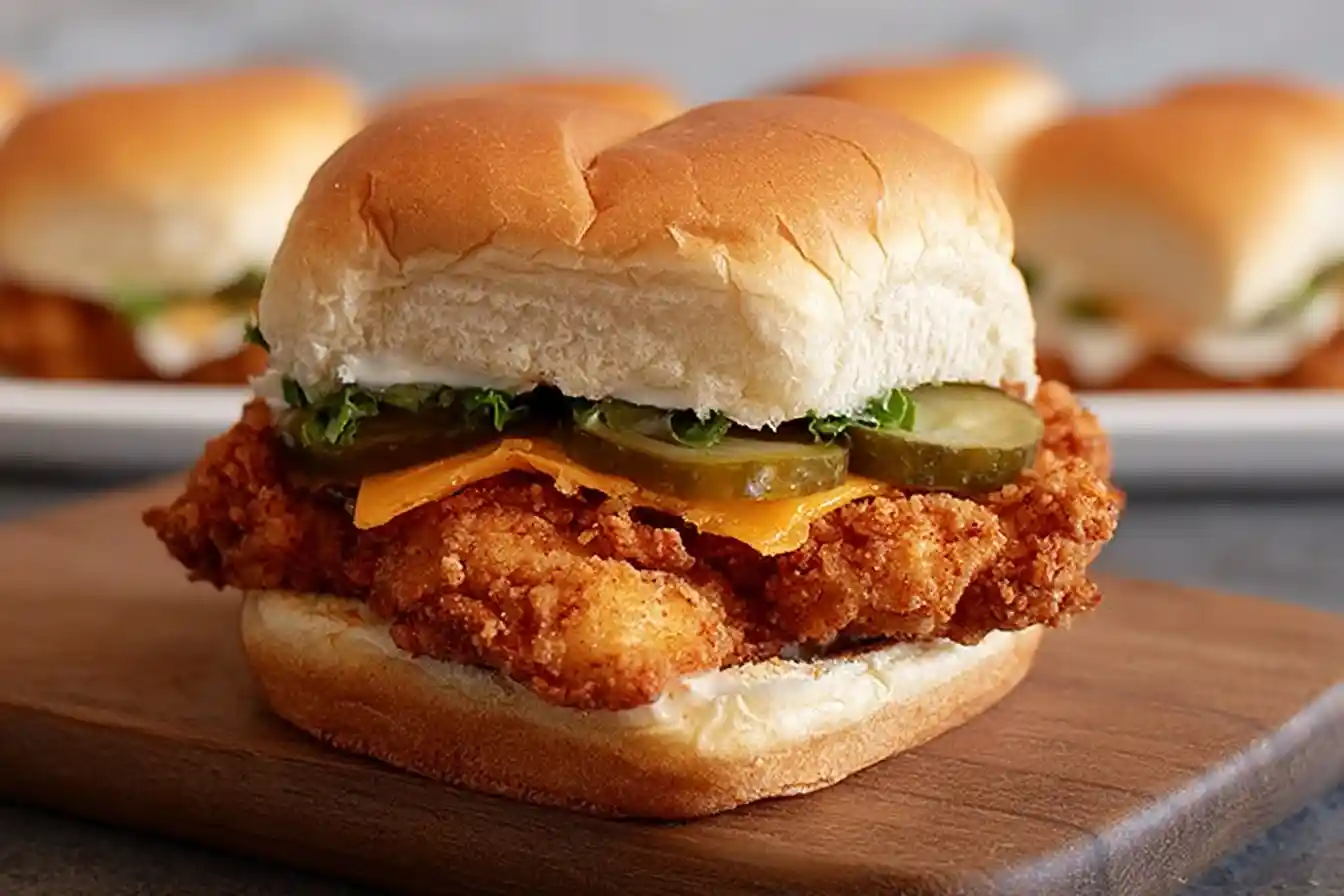 A close-up of a crispy fried chicken slider with melted cheese and pickles on a soft bun, sitting on a wooden board.