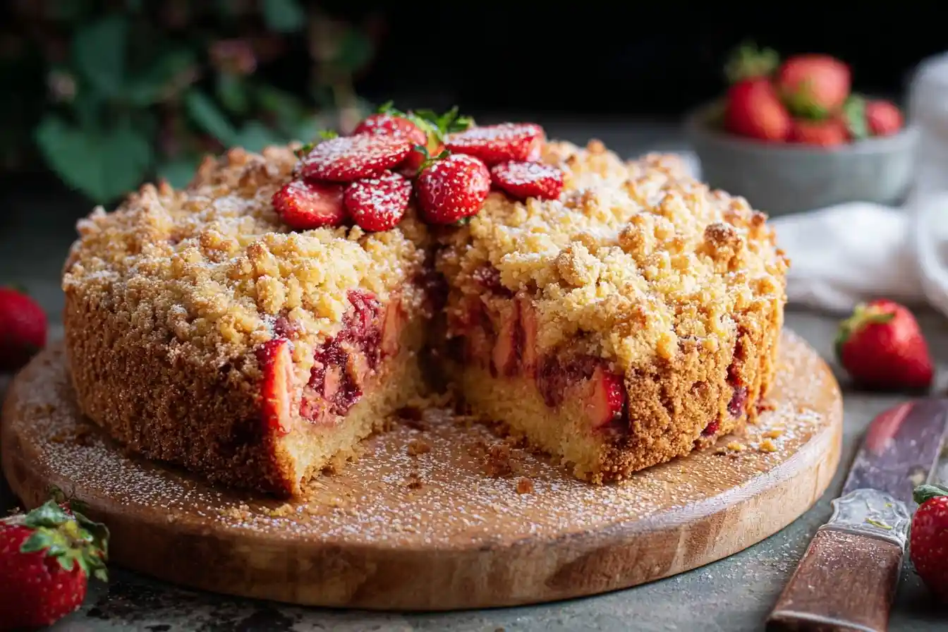Sliced strawberry crumb cake on a wooden board topped with fresh berries, streusel, and powdered sugar.