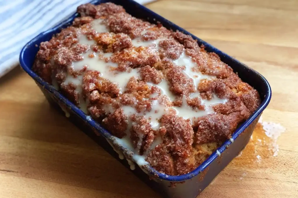 Freshly baked Apple Fritter Bread in a blue loaf pan topped with cinnamon crumble and white glaze