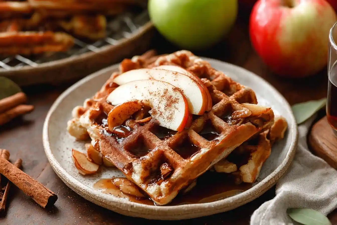 A plate of golden-brown apple cinnamon waffles topped with fresh apple slices, syrup, and a dusting of cinnamon.