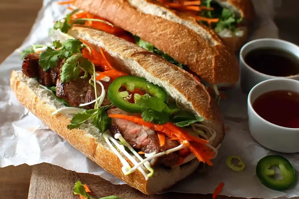Close-up of a crispy Grilled Pork Banh Mi loaded with pickled carrots, cilantro, and fresh jalapeños on parchment paper.