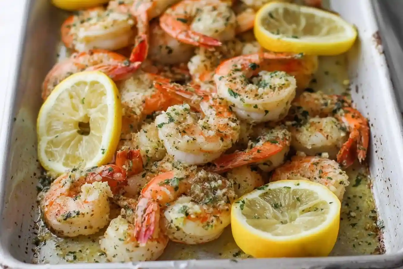 A close-up of baked shrimp scampi with lemon slices and fresh herbs in a white baking dish.