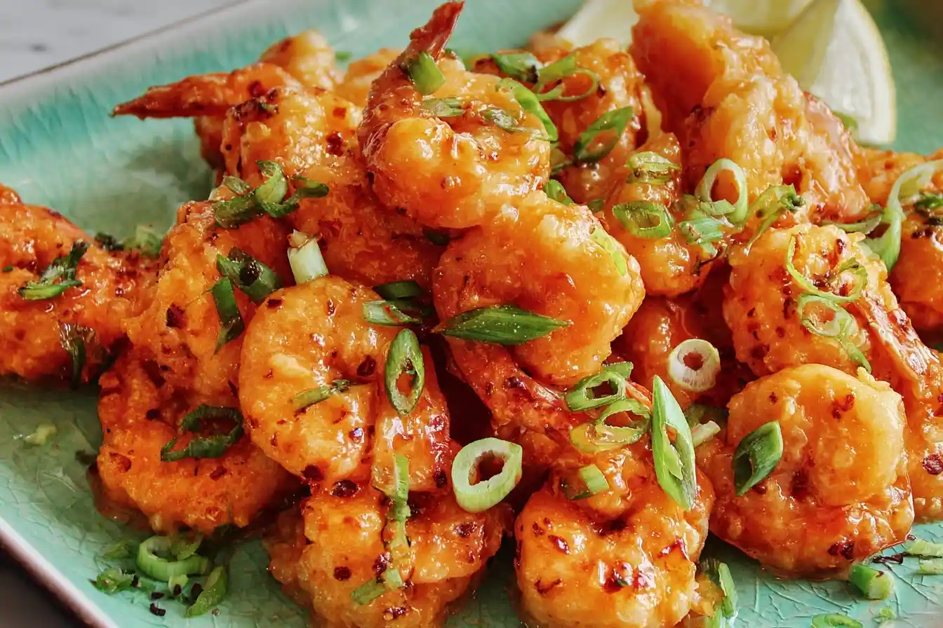 A close-up of a plate of crispy Bang Bang Shrimp, tossed in a creamy spicy sauce and garnished with sliced green onions.