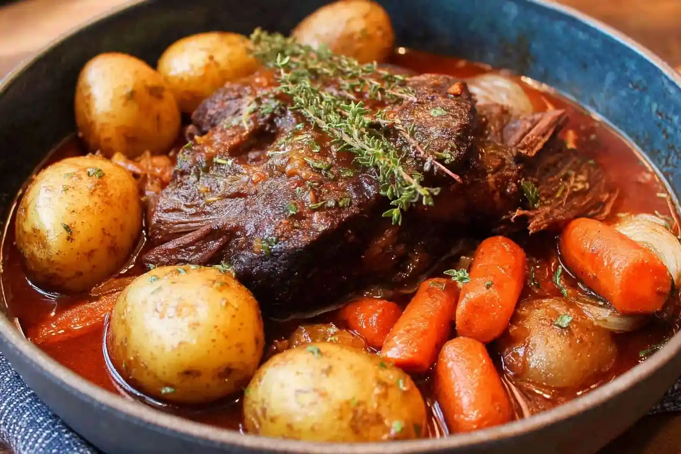 A tender beef chuck roast served in a blue bowl with potatoes, carrots, and fresh thyme in a rich gravy.