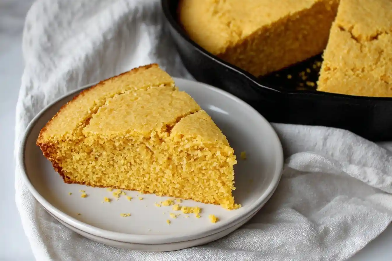 A golden wedge of skillet cornbread on a light gray plate, with the cast iron pan holding the rest in the background.