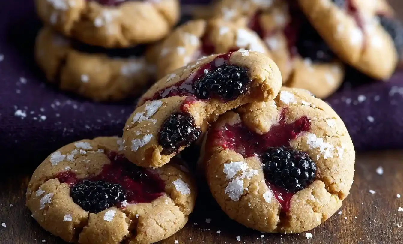 Close-up of golden Blackberry Pie Cookies topped with jam, fresh blackberries, and sparkling sugar.