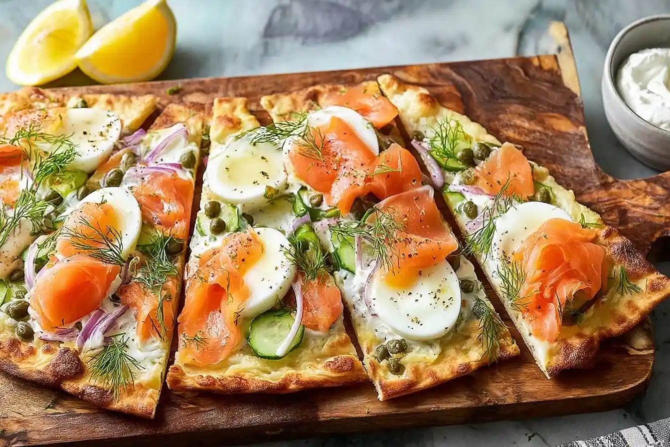 Sliced smoked salmon pizza on a wooden board topped with hard-boiled eggs, cucumber, capers, and dill.