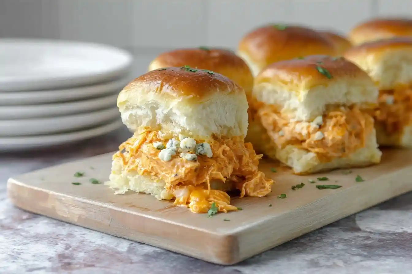 Close-up of buffalo chicken sliders piled high with creamy chicken and blue cheese on a wooden board.