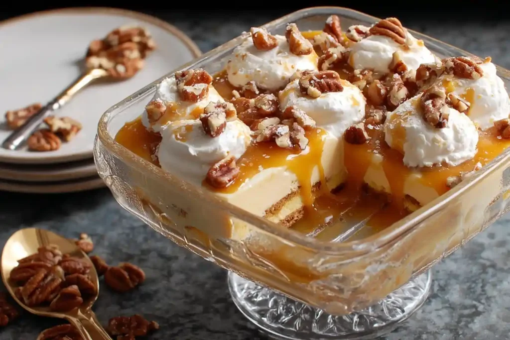 Glass dish serving a creamy Caramel Pecan Delight topped with whipped cream, caramel sauce, and nuts.