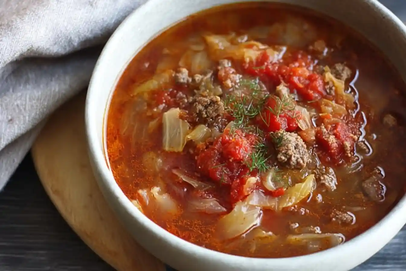 Close-up overhead view of a bowl of savory Cabbage Roll Soup with ground beef, tomatoes, and fresh dill