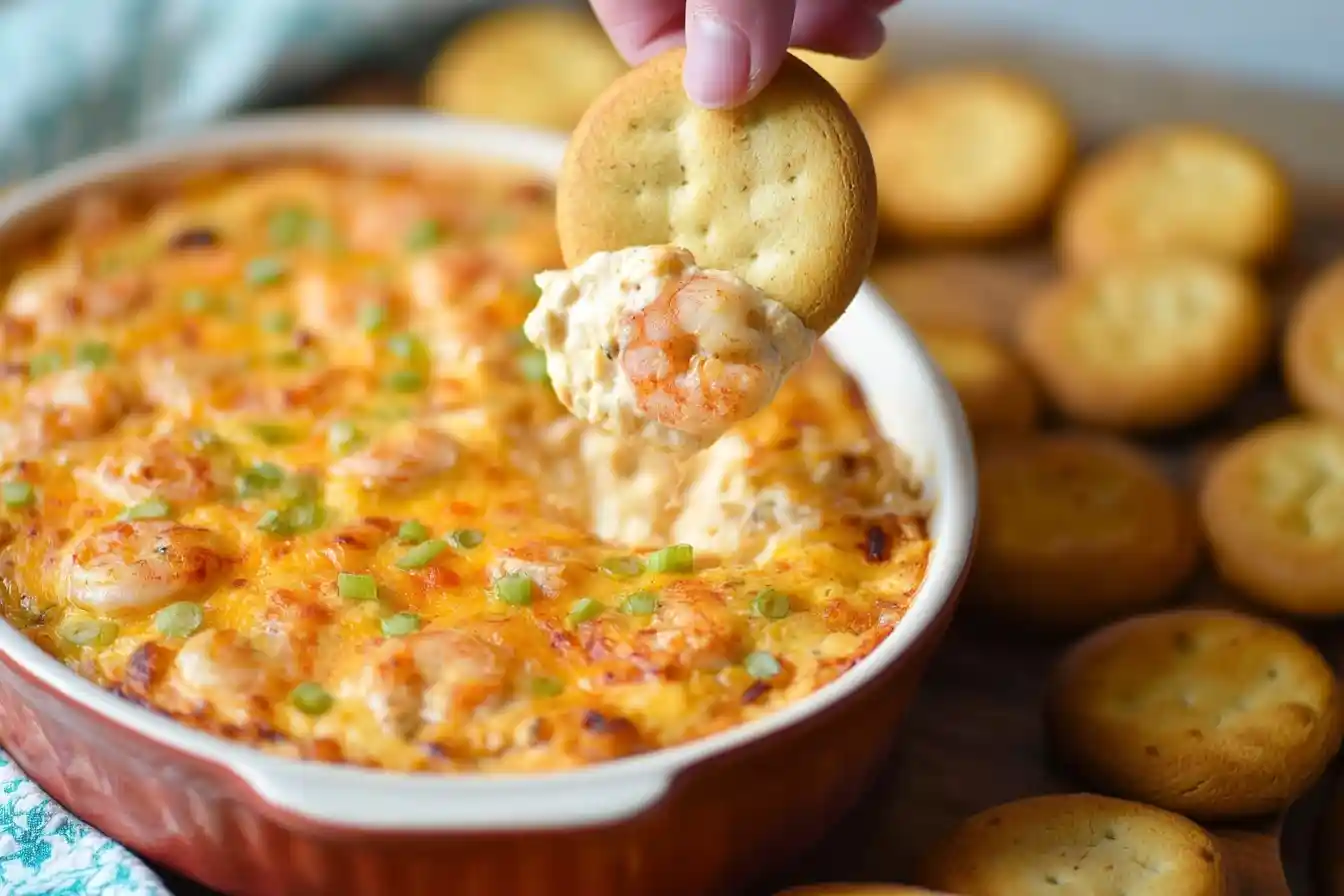 A hand dipping a cracker into a hot, cheesy dip, illustrating a delicious shrimp dip recipe.
