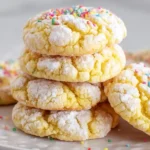 Stack of soft lemon cake mix cookies with crinkle texture, powdered sugar, and sprinkles on a white plate.
