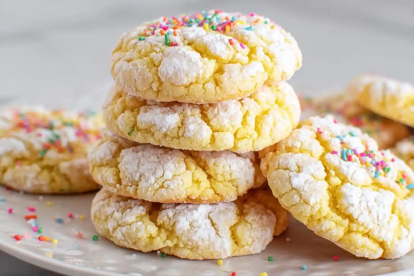 Stack of soft lemon cake mix cookies with crinkle texture, powdered sugar, and sprinkles on a white plate.