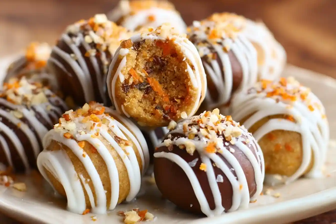 Close-up of carrot cake truffles drizzled with white icing and crushed nuts, showing the moist spiced cake interior.