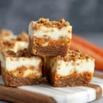 Stack of creamy Carrot Cake Cheesecake Bars with crumble topping on a marble board