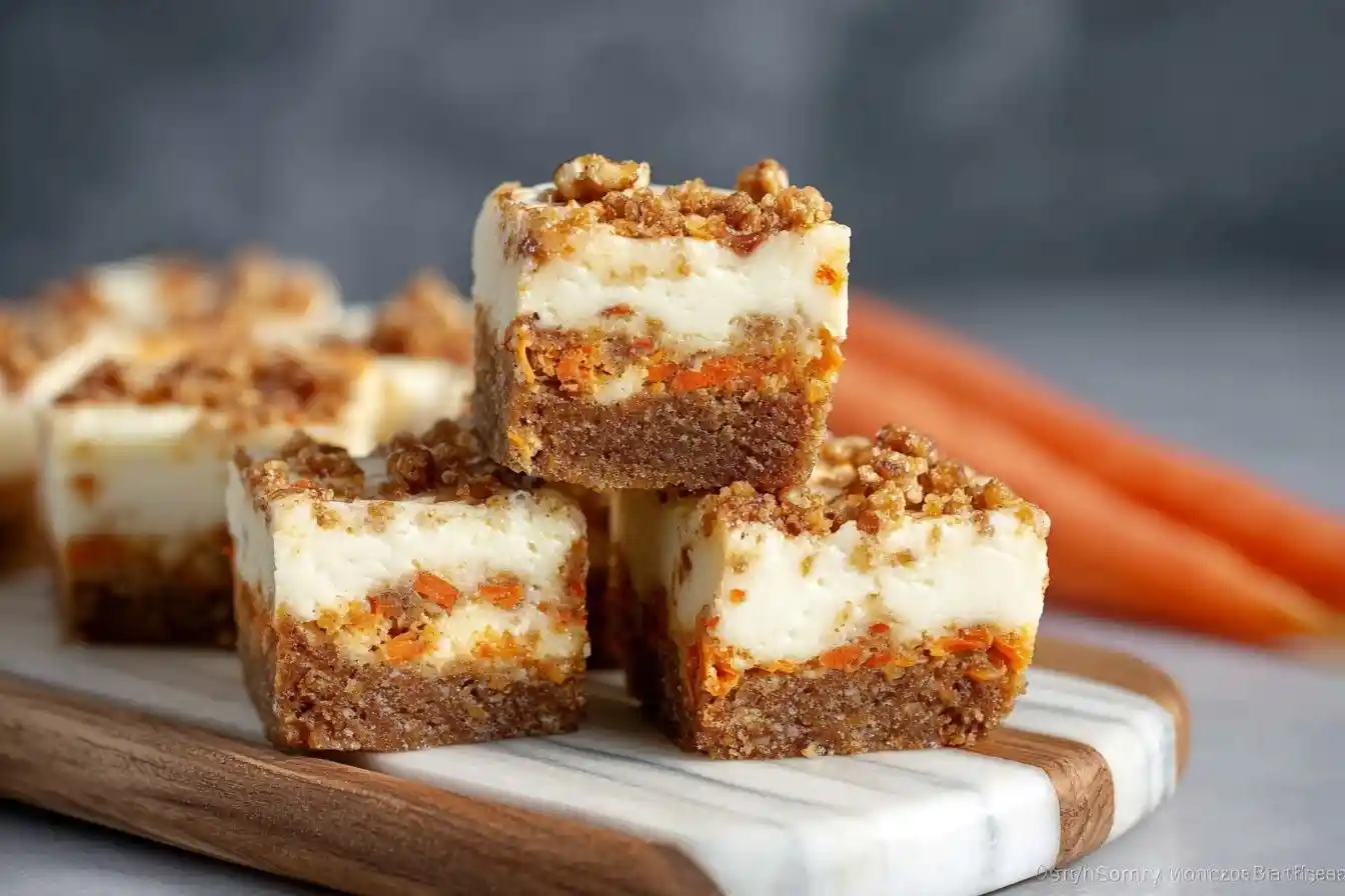 Stack of creamy Carrot Cake Cheesecake Bars with crumble topping on a marble board