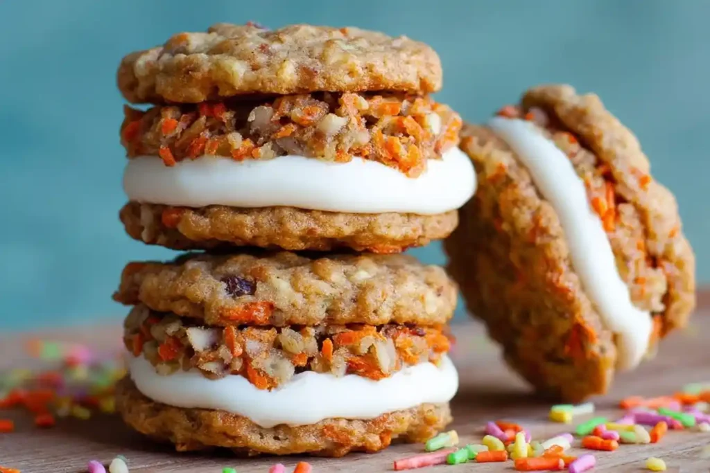 A stack of soft carrot cake sandwich cookies filled with cream cheese frosting and rolled in chopped nuts and carrots.