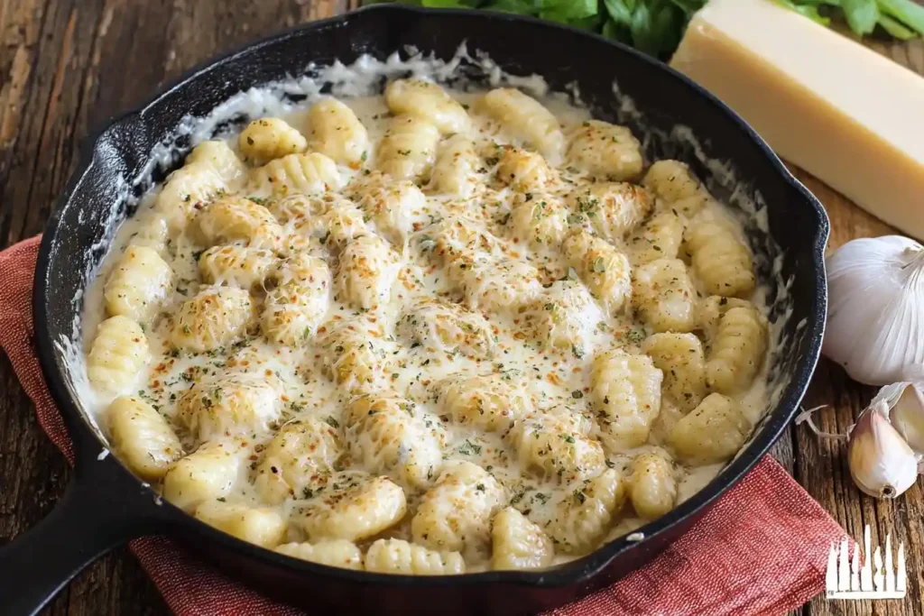 A skillet of creamy garlic gnocchi topped with melted cheese and herbs, next to a block of parmesan and fresh garlic.