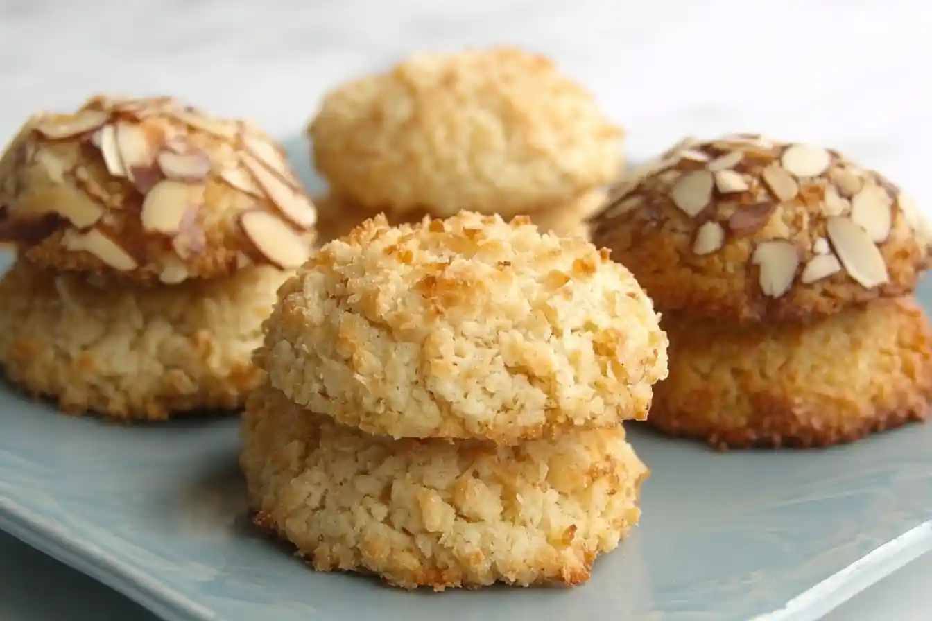 Golden brown coconut macaroons stacked on a light blue plate, with some topped with sliced almonds.