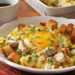 Close-up of a Chicken Breakfast Hash bowl topped with a sunny-side-up egg, golden croutons, and fresh herbs.