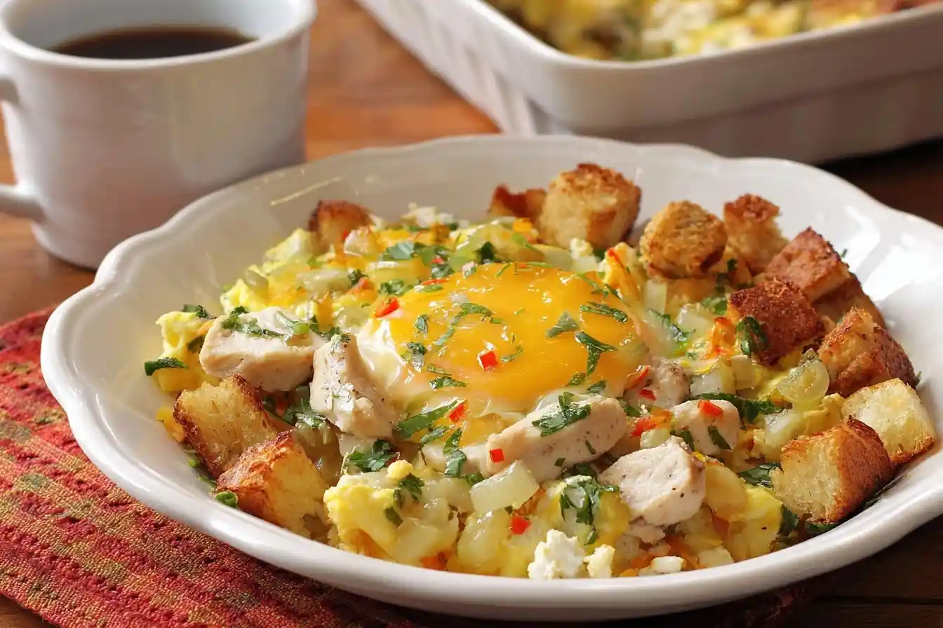 Close-up of a Chicken Breakfast Hash bowl topped with a sunny-side-up egg, golden croutons, and fresh herbs.