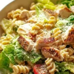 Close-up of a creamy Chicken Caesar Pasta Salad with grilled chicken, romaine lettuce, and parmesan cheese in a bowl.