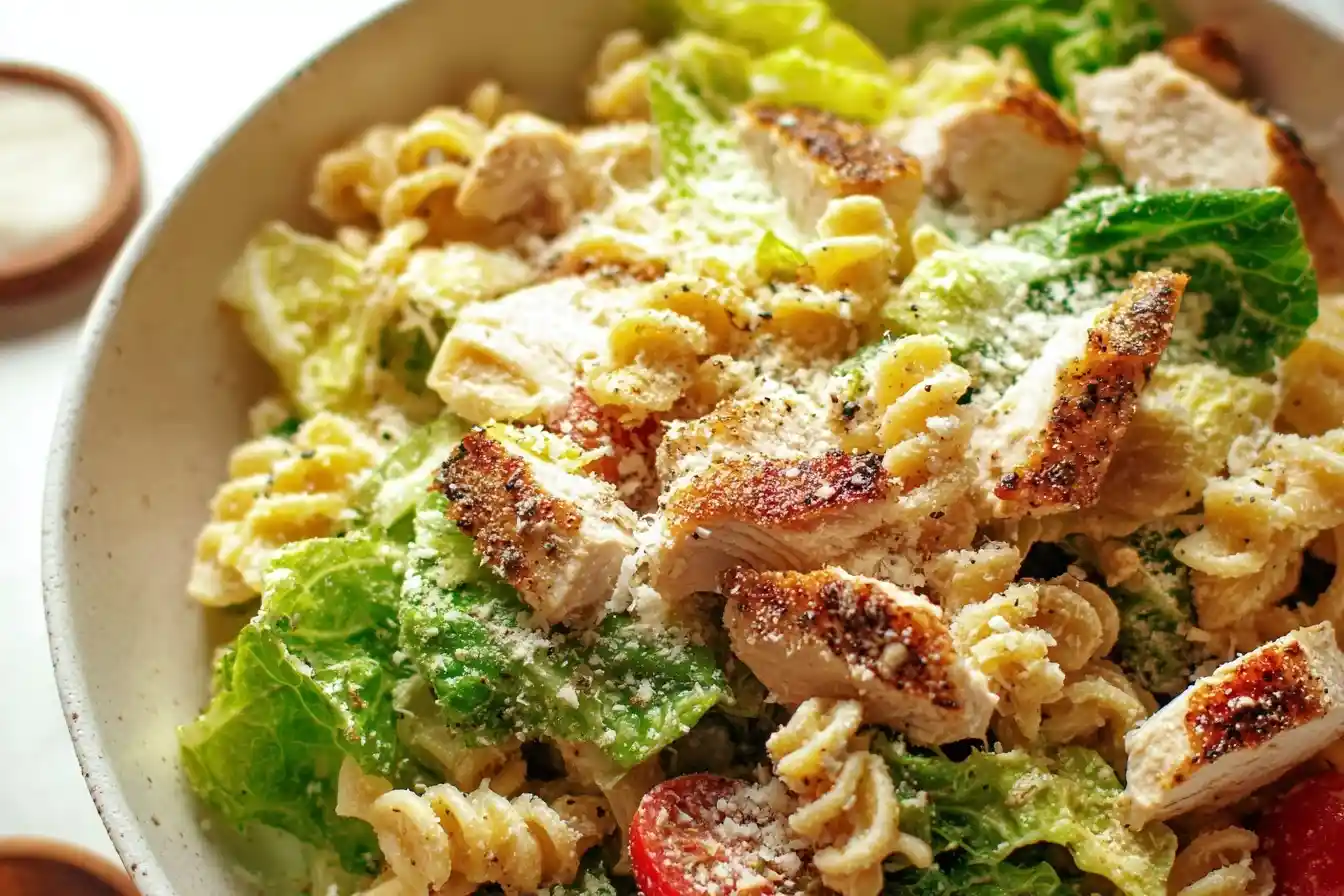 Close-up of a creamy Chicken Caesar Pasta Salad with grilled chicken, romaine lettuce, and parmesan cheese in a bowl.