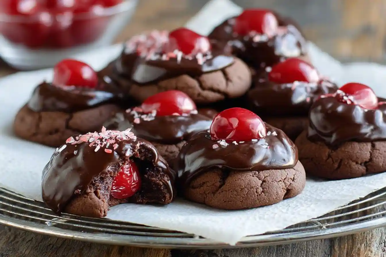 Close-up of frosted Chocolate Cherry Cookies on a wire rack, with one broken open to reveal a hidden cherry center.