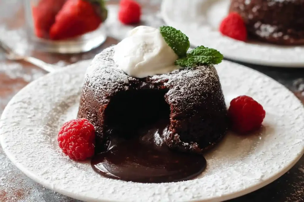 A decadent chocolate lava cake on a plate, with a molten chocolate center flowing out, garnished with cream, mint, and raspberries.